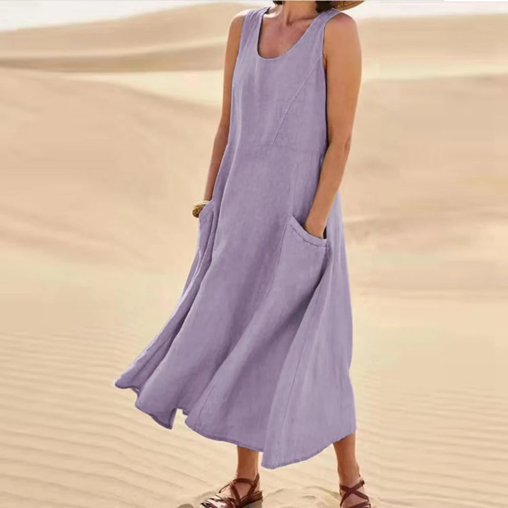 Sleeveless Linen Maxi Dress with Pockets – Vohran