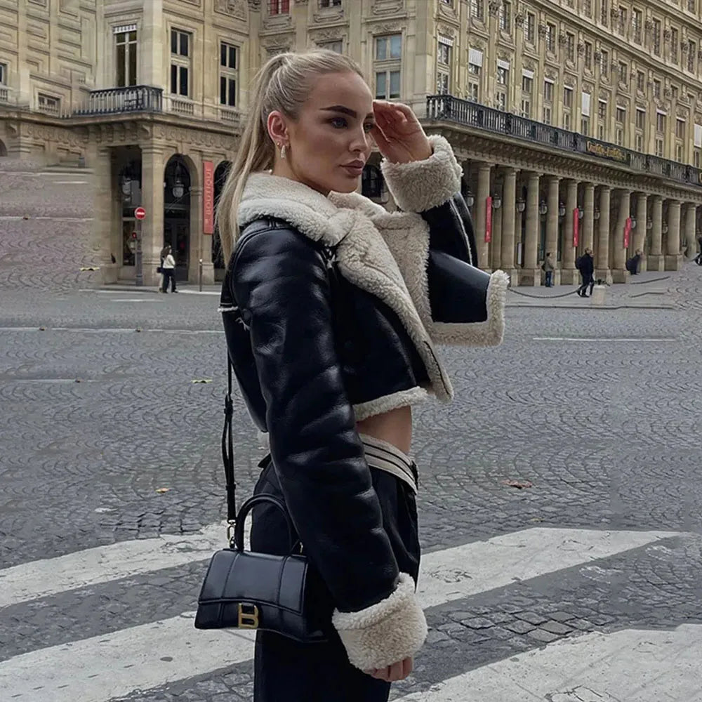 Autumn/winter New Style European American Double-sided Loose Fit Zippered Cropped Jacket Women's Leather One-piece Jacket