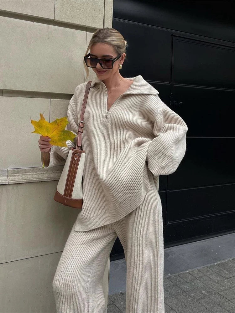 Half-Zip Turtleneck Knit Co-ord with Wide-Leg Trousers