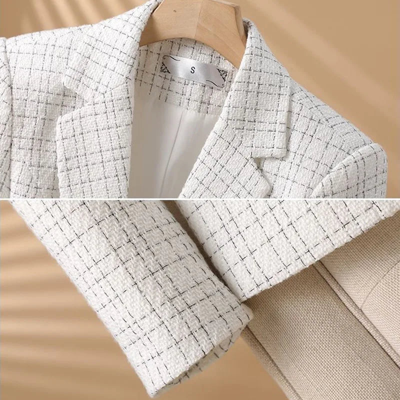 Elegant White Checkered Blazer Jacket for Women