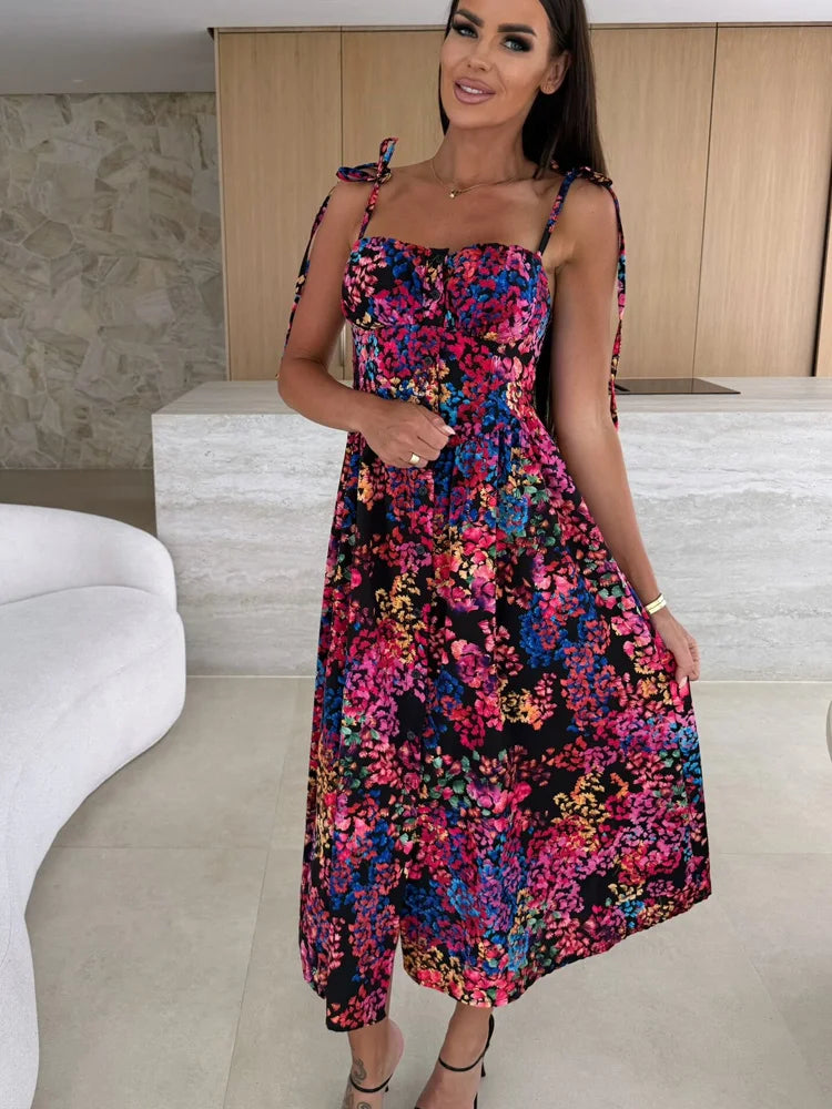 Tropical Print Midi Dress with Tie Straps
