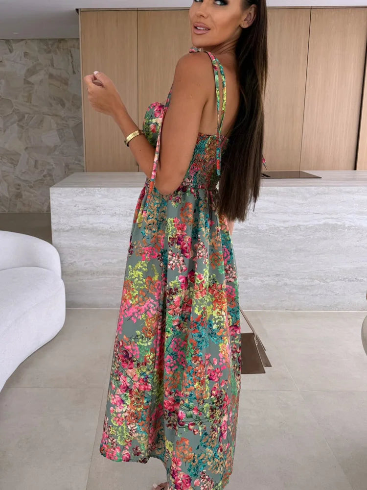 Tropical Print Midi Dress with Tie Straps