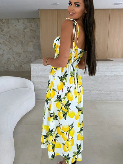 Tropical Print Midi Dress with Tie Straps