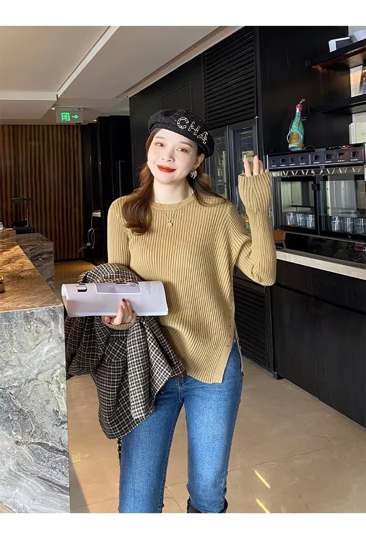 Split-Hem Button Detail Knit Sweater