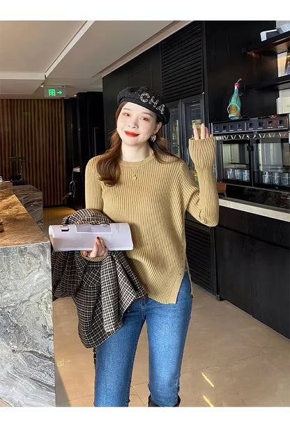 Split-Hem Button Detail Knit Sweater