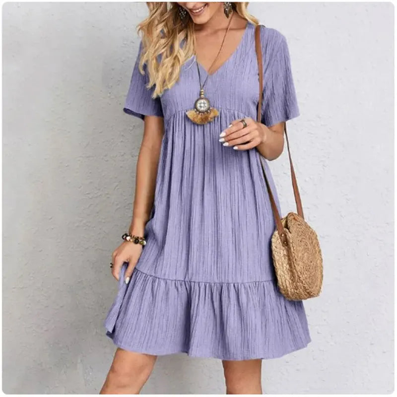 Casual V-Neck Short-Sleeve Dress with Flared Hem – Vohran