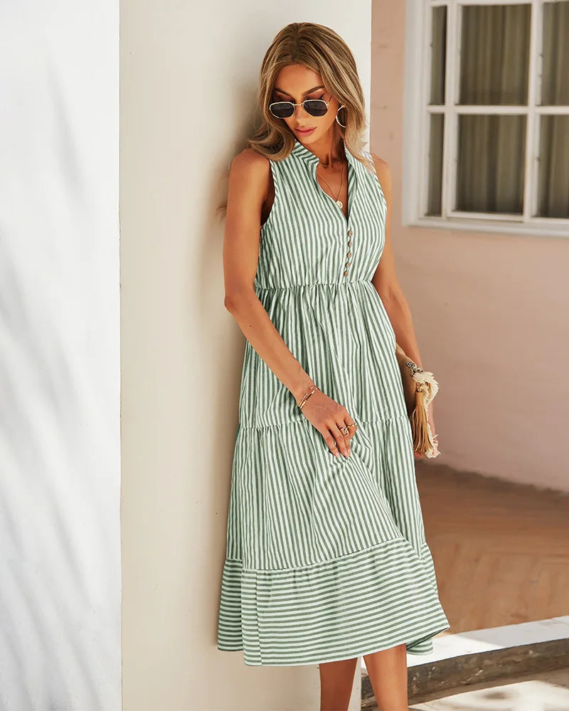 Sleeveless Striped Midi Shirt Dress with Buttons – Casual Summer Elegance