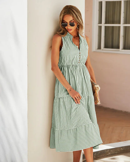 Sleeveless Striped Midi Shirt Dress with Buttons – Casual Summer Elegance