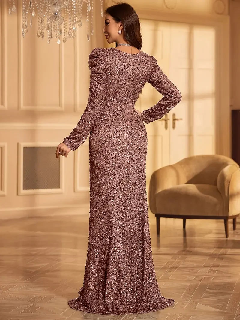 Elegant Women's Long-Sleeve V-Neck Evening Dress - Perfect for Weddings, Birthdays & Parties
