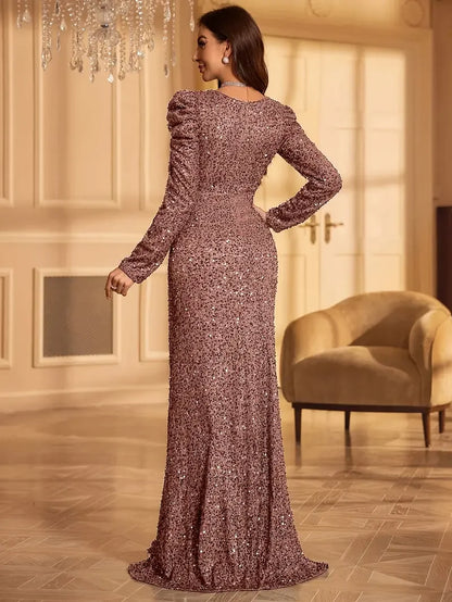 Elegant Women's Long-Sleeve V-Neck Evening Dress - Perfect for Weddings, Birthdays & Parties