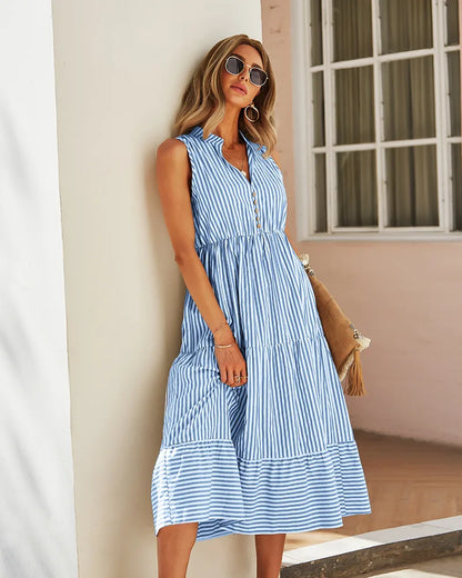 Sleeveless Striped Midi Shirt Dress with Buttons – Casual Summer Elegance