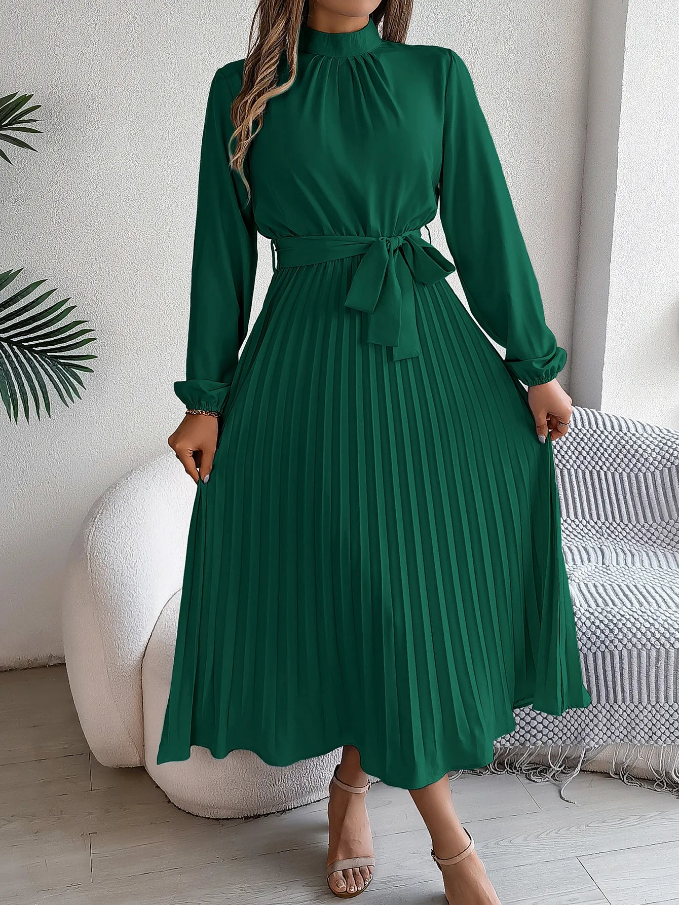 Grace Pleated Belted Midi Dress – Vohran