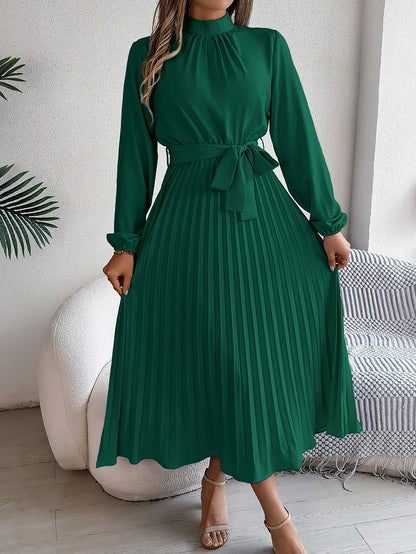 Grace Pleated Belted Midi Dress – Vohran