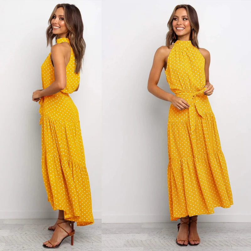 Floral Print Halter Neck Maxi Dress with Waist Tie – Elegant Summer Style