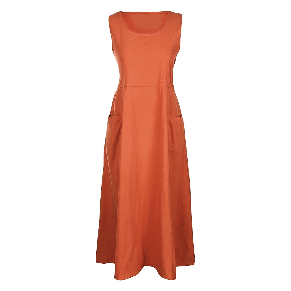 Sleeveless Linen Maxi Dress with Pockets – Vohran