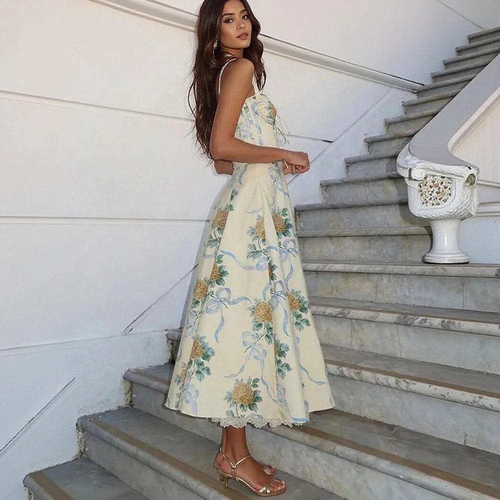 Floral Midi Dress with Corset Bodice