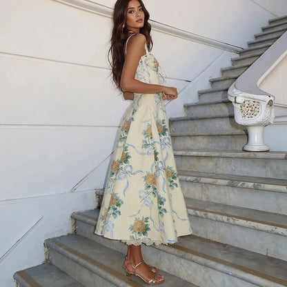 Floral Midi Dress with Corset Bodice