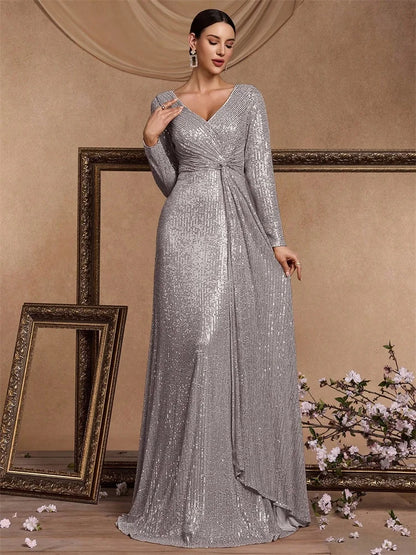 Silver Lumina Draped Sequin Evening Gown