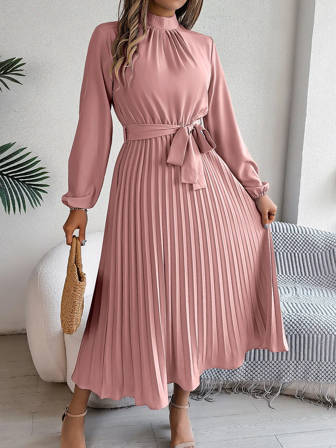 Grace Pleated Belted Midi Dress – Vohran
