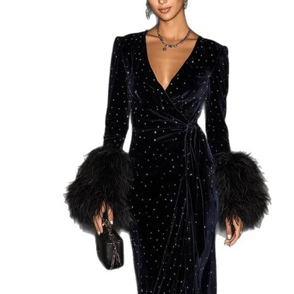 Noir Velvet Crystal Feather Cuff Midi Dress