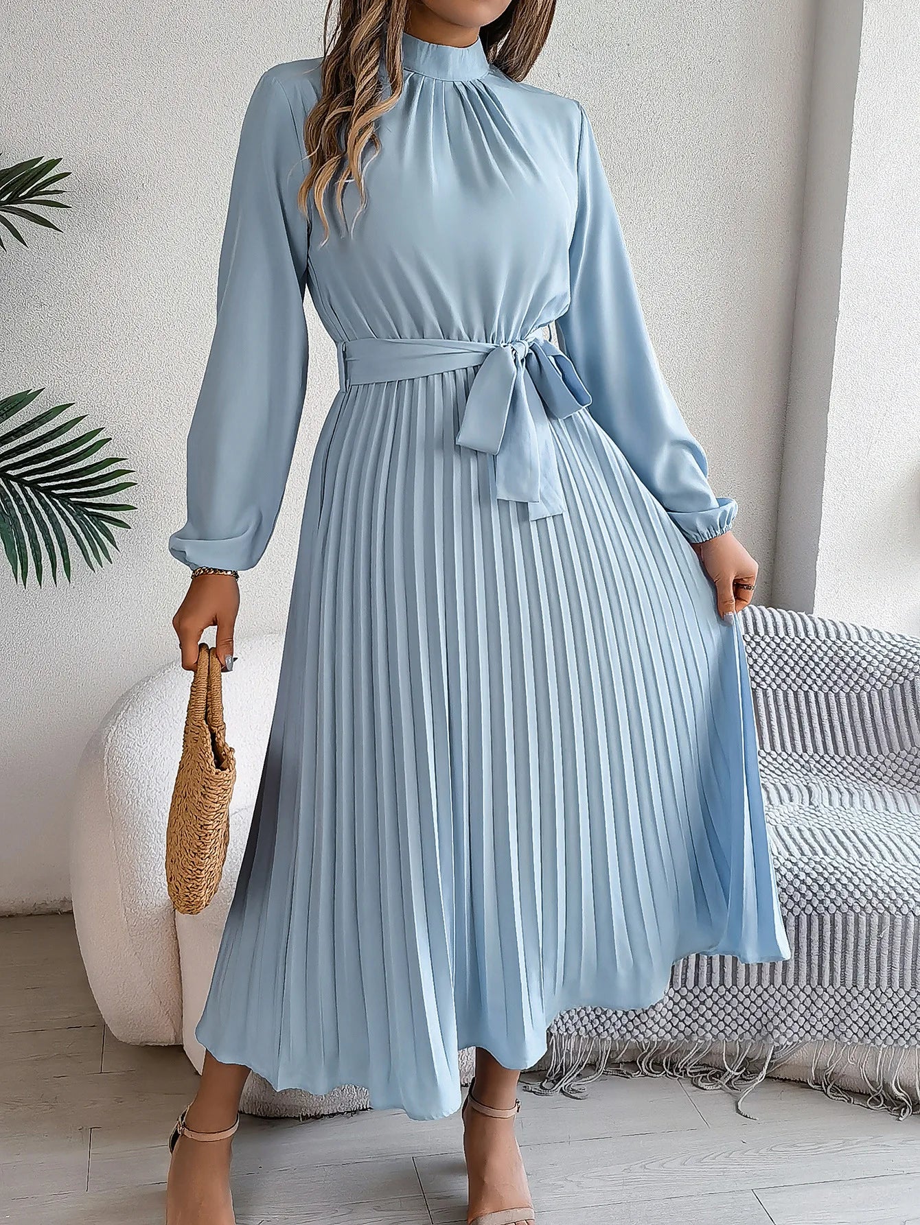 Grace Pleated Belted Midi Dress – Vohran