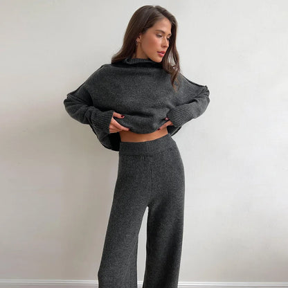 2025 Turtleneck Sweater Set Women's European, American Autumn And Winter New Loose Casual Lazy Thickened Knitted Trousers Sets