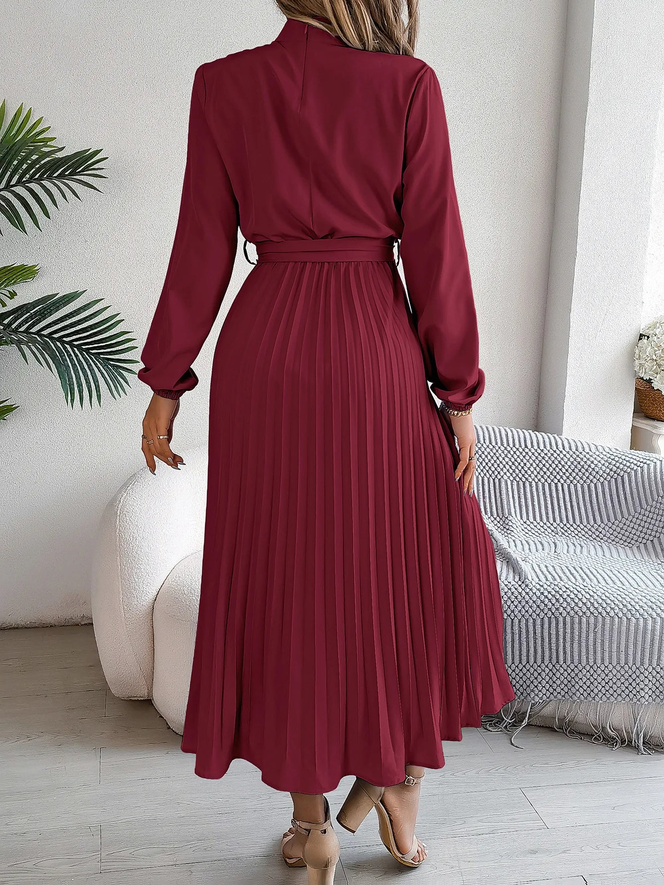 Grace Pleated Belted Midi Dress – Vohran