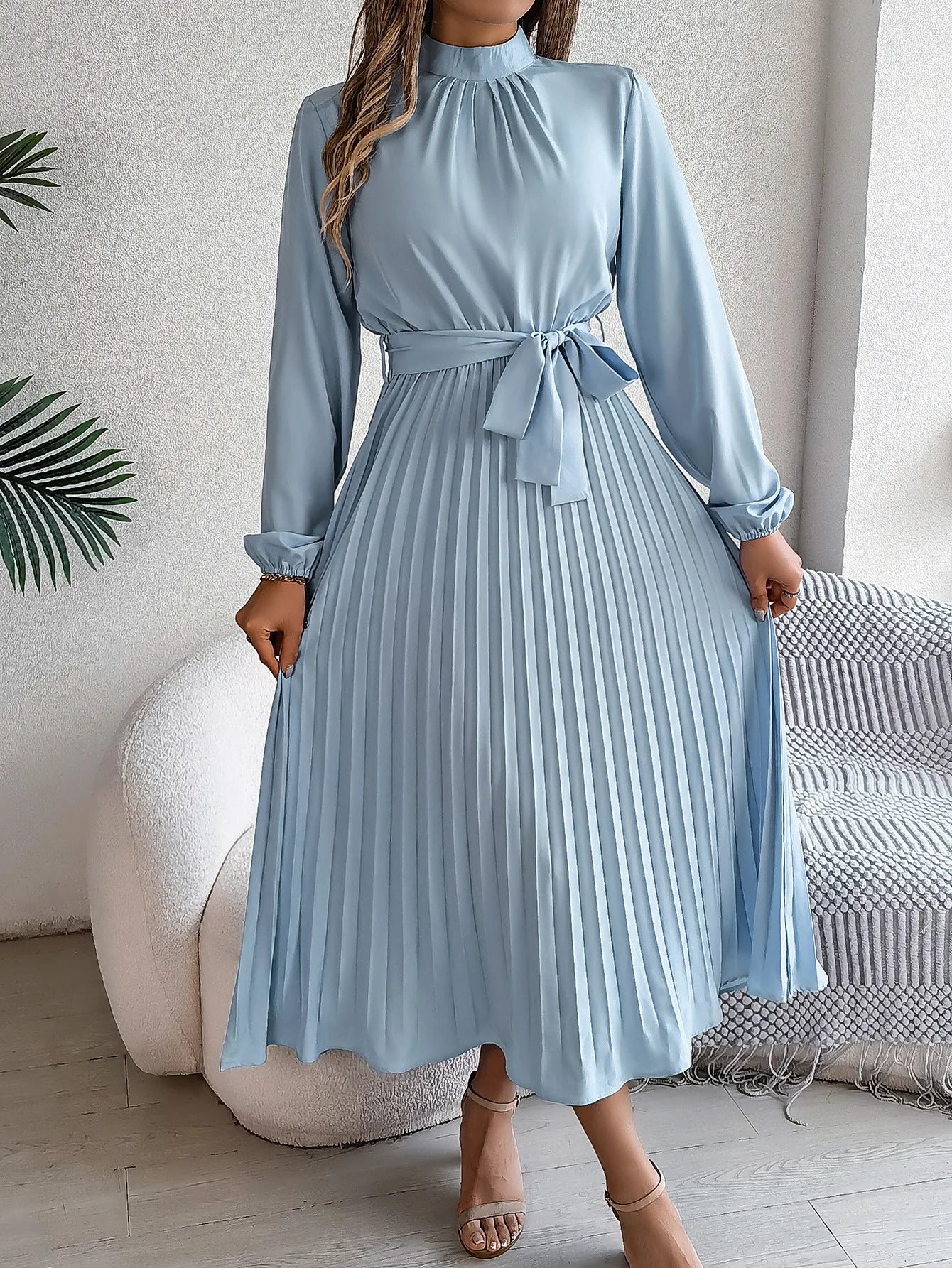 Grace Pleated Belted Midi Dress – Vohran