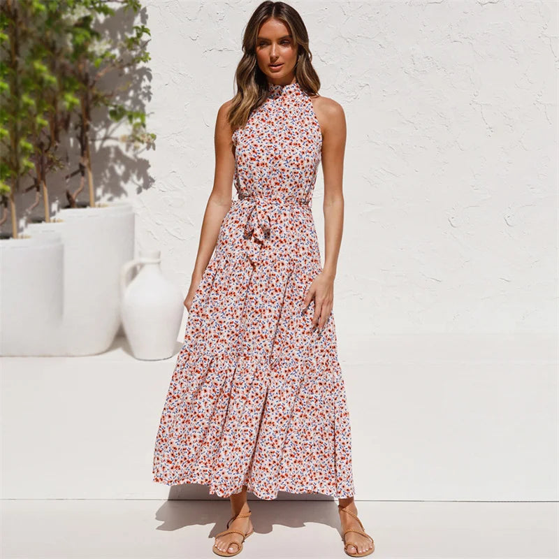 Floral Print Halter Neck Maxi Dress with Waist Tie – Elegant Summer Style