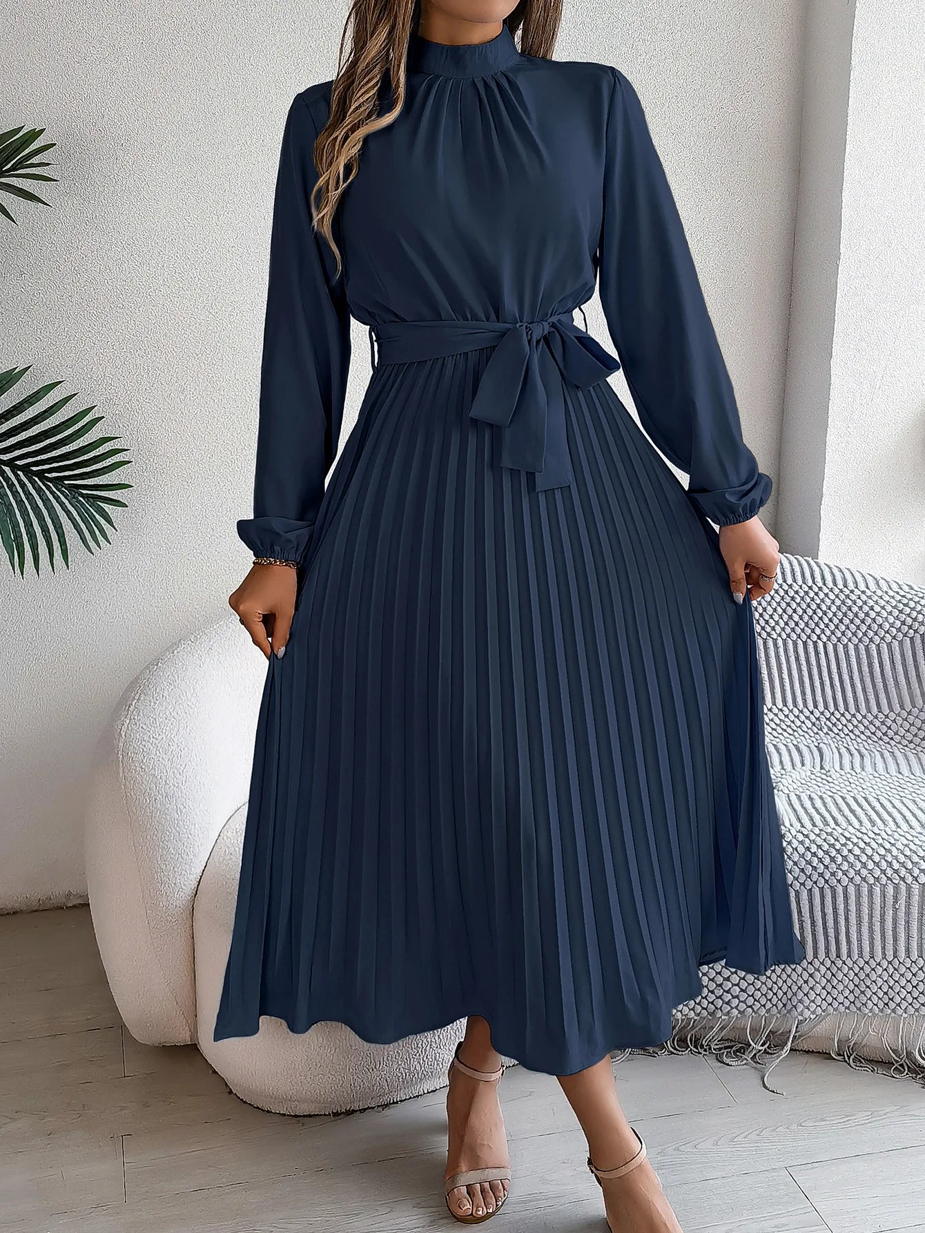 Grace Pleated Belted Midi Dress – Vohran