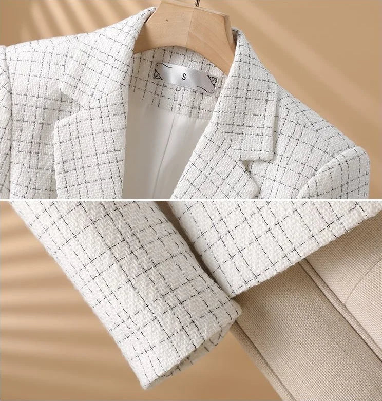 Elegant White Checkered Blazer Jacket for Women