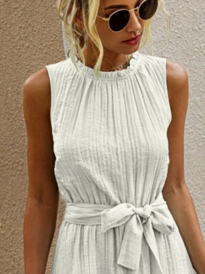 White Sleeveless Mini Dress with Waist Tie – Summer Elegance