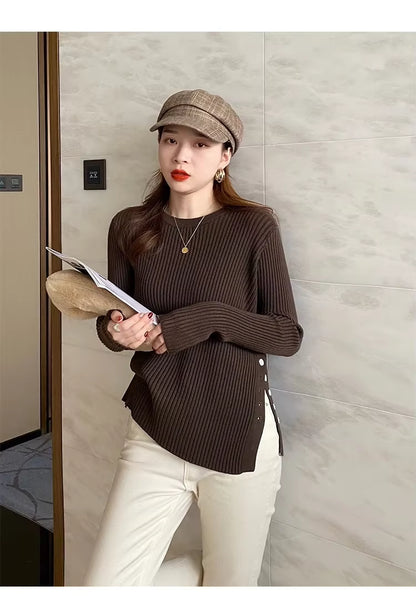 Split-Hem Button Detail Knit Sweater