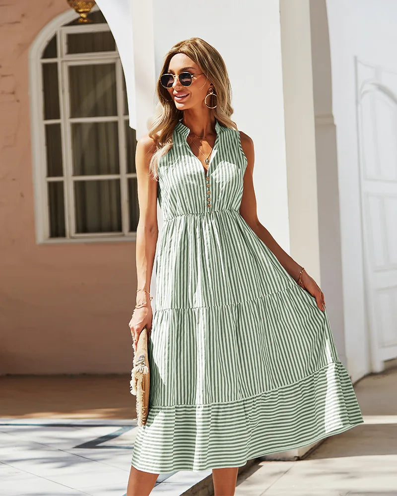 Sleeveless Striped Midi Shirt Dress with Buttons – Casual Summer Elegance
