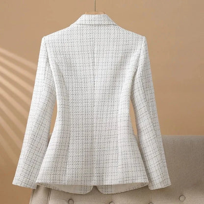 Elegant White Checkered Blazer Jacket for Women
