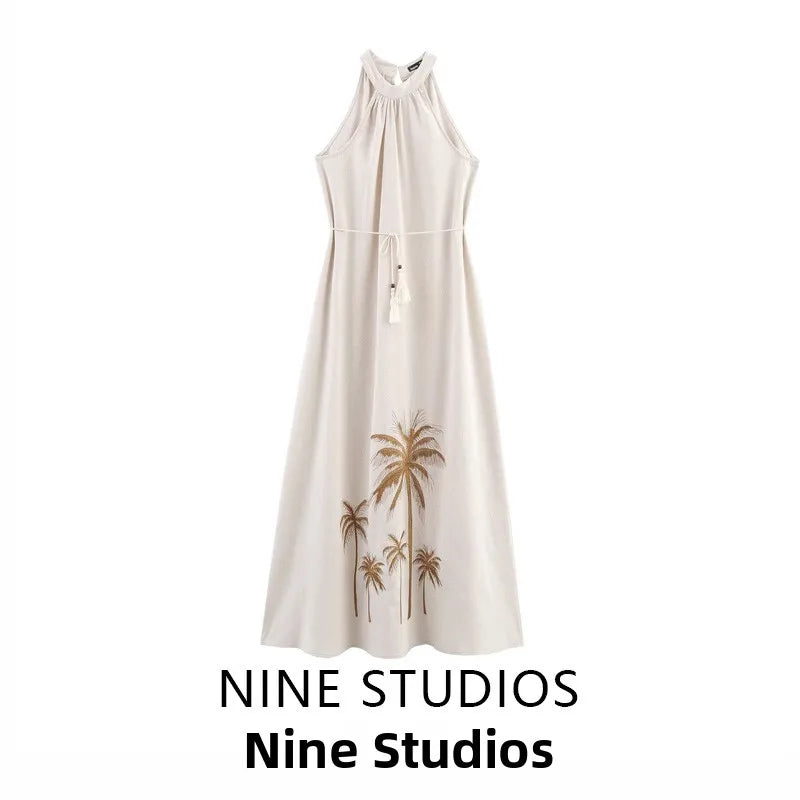 Sleeveless Halter Neck Maxi Dress with Palm Print – Vohran