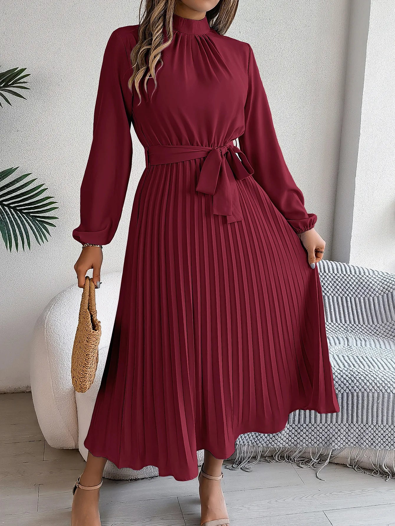 Grace Pleated Belted Midi Dress – Vohran