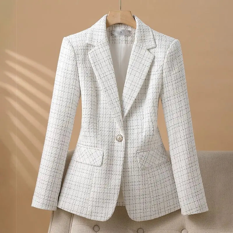 Elegant White Checkered Blazer Jacket for Women