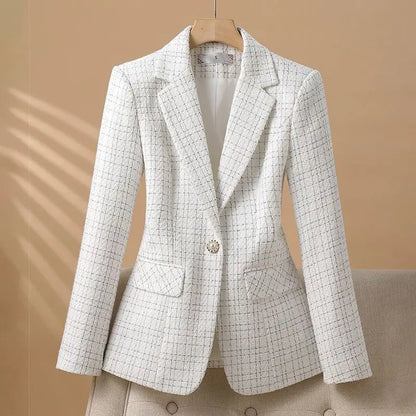 Elegant White Checkered Blazer Jacket for Women