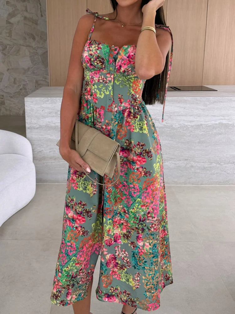 Tropical Print Midi Dress with Tie Straps