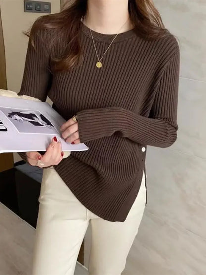 Split-Hem Button Detail Knit Sweater