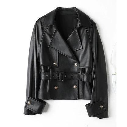 2025 outono shorts de couro genuíno jaqueta casual feminino elegante trespassado rendas cinto feminino a-nível casacos de pele de carneiro topos