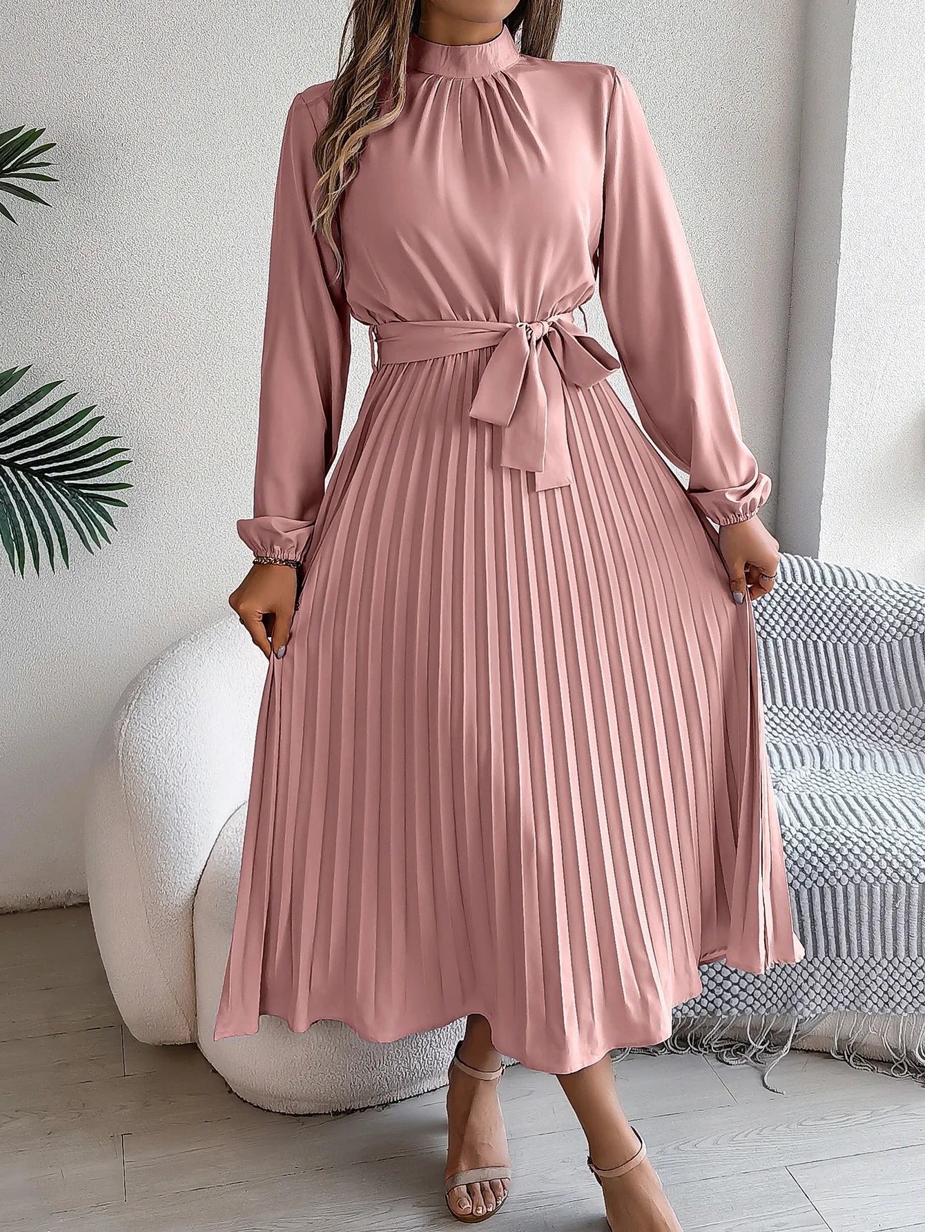 Grace Pleated Belted Midi Dress – Vohran