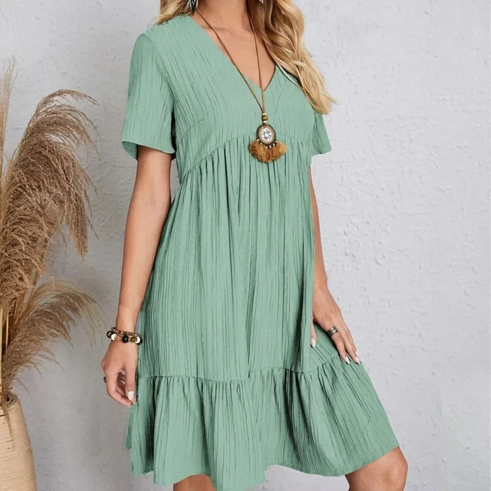 Casual V-Neck Short-Sleeve Dress with Flared Hem – Vohran