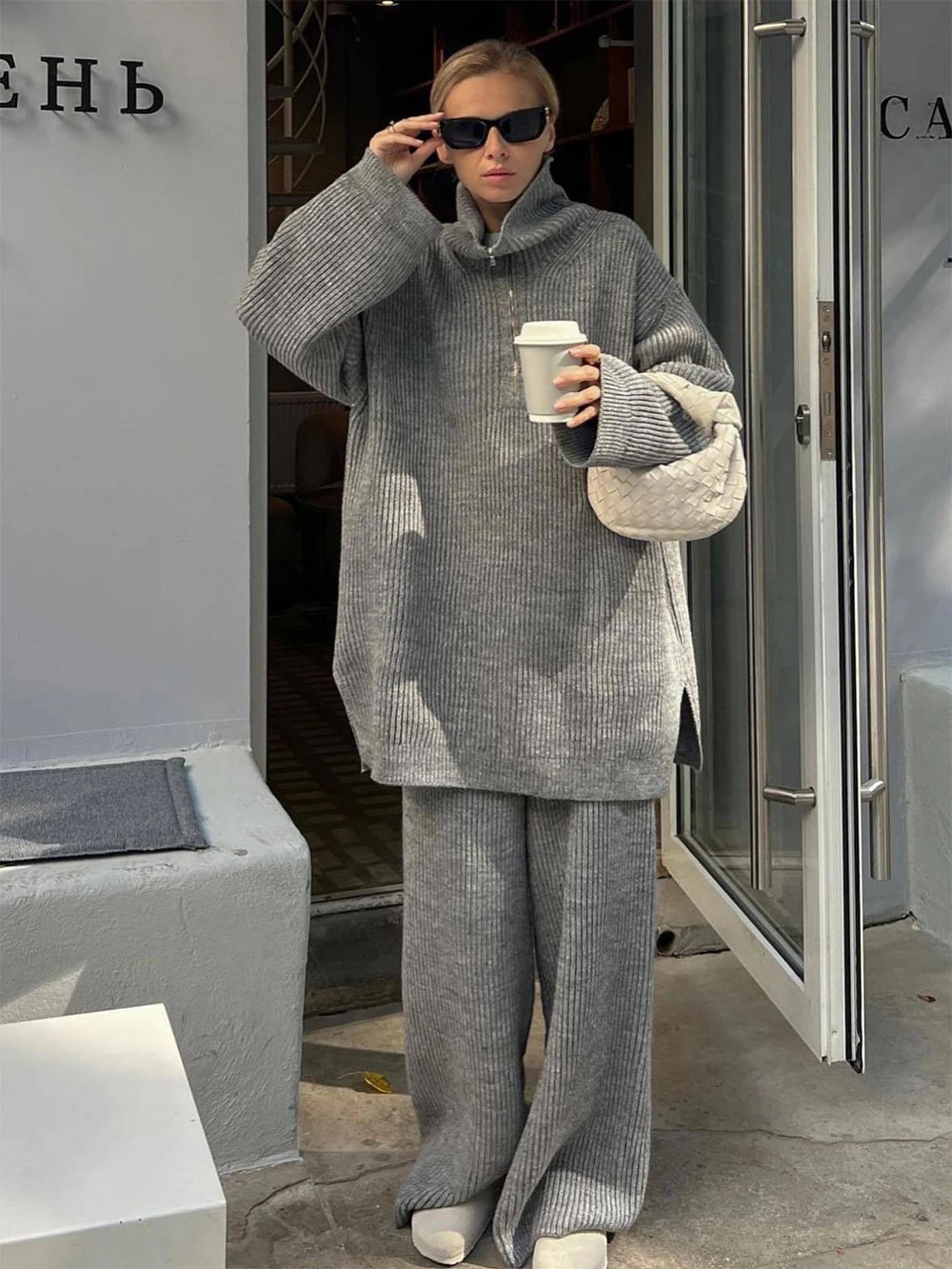 Half-Zip Turtleneck Knit Co-ord with Wide-Leg Trousers