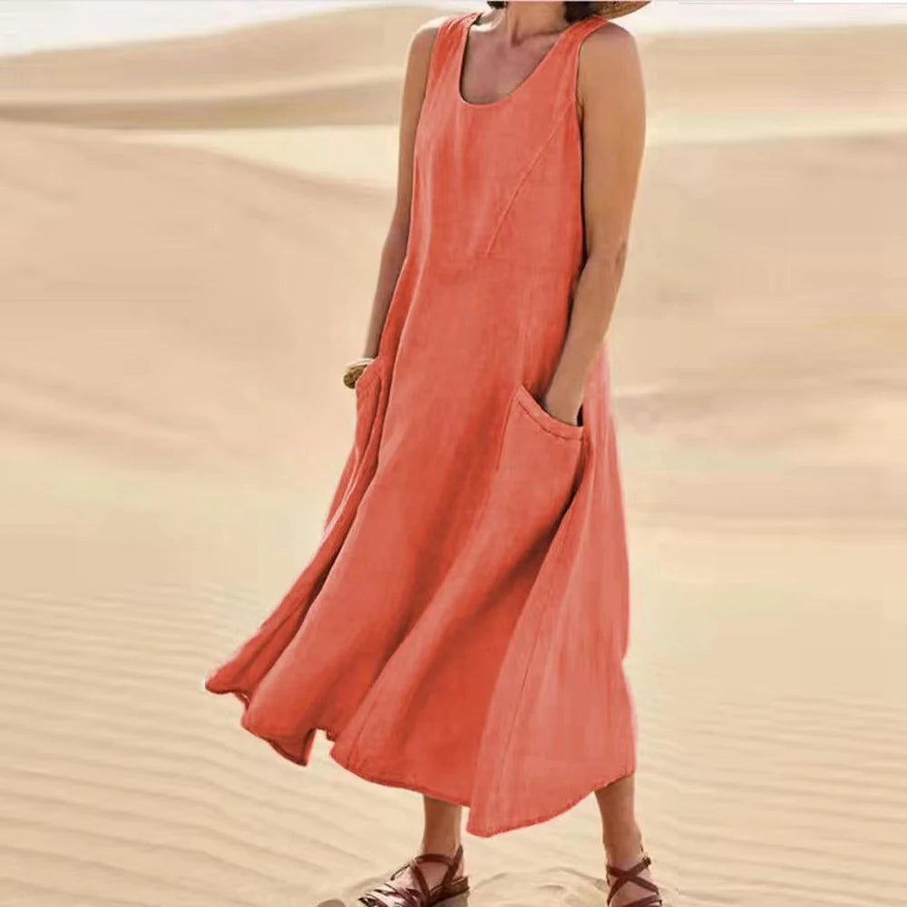Sleeveless Linen Maxi Dress with Pockets – Vohran