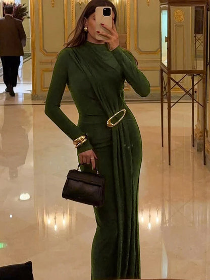 Emerald Ribbon Metal-Detail Evening Gown