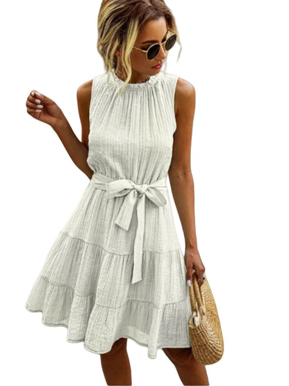 White Sleeveless Mini Dress with Waist Tie – Summer Elegance