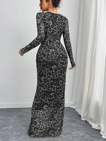 Leopard Tulle Bodycon Maxi Dress