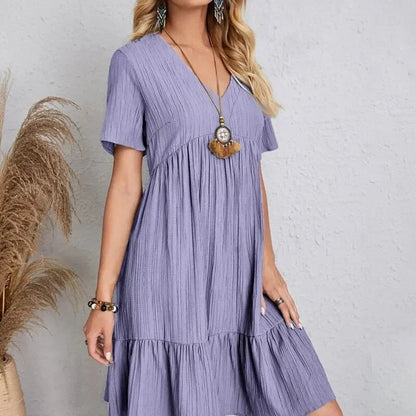 Casual V-Neck Short-Sleeve Dress with Flared Hem – Vohran